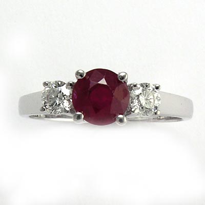 14k Gold Ruby Diamond Three Stone Ring