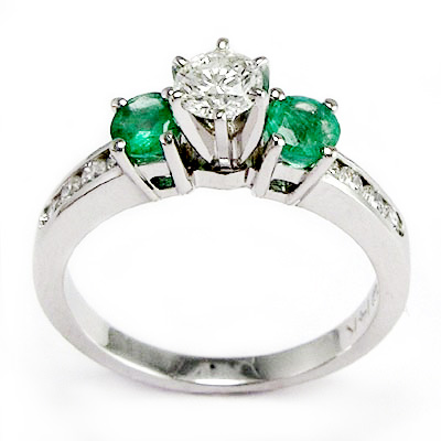 14k Gold Emerald Diamond Ring Three stone ring