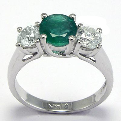 Emerald Diamond Three Stone Ring 14k Gold