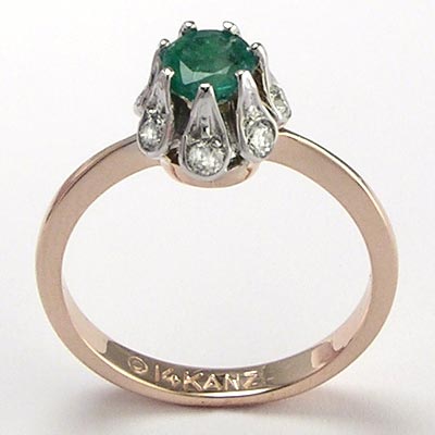 14k Rose Gold Emerald Diamond Russian Style Ring