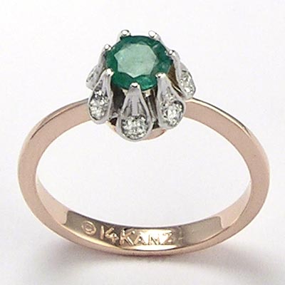 14k Rose Gold Emerald Diamond Russian Style Ring