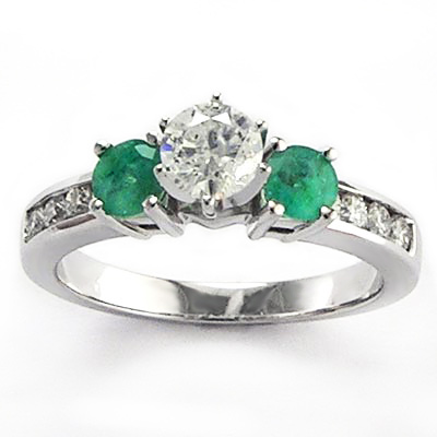 14k Gold Emerald Diamond Ring Three stone ring