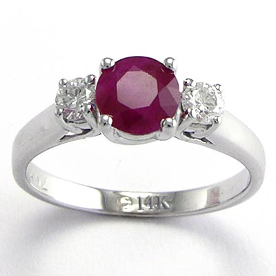 14k Gold Ruby and Diamond Three Stone Ring
