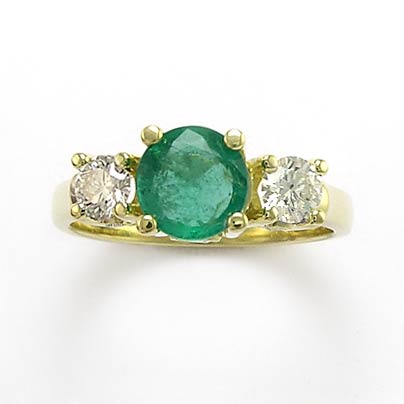 Emerald Diamond Three Stone Ring in 18k Gold