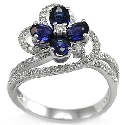 Platinum Diamond and Sapphire Flower Ring