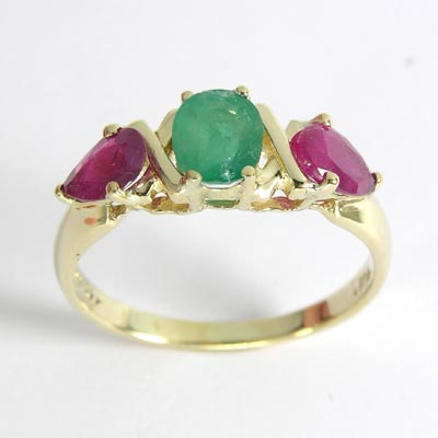 Three-Stone  Emerald Ruby Ring 14k gold