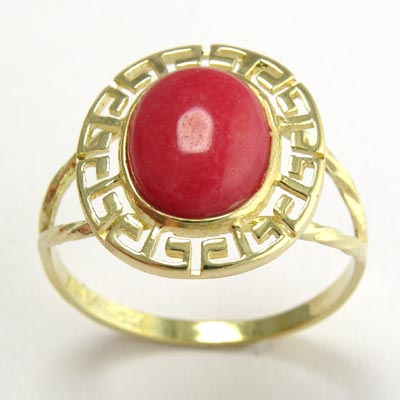 14k solid yellow Gold Red Jade Greek Key Ring