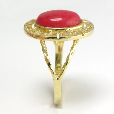 14k solid yellow Gold Red Jade Greek Key Ring