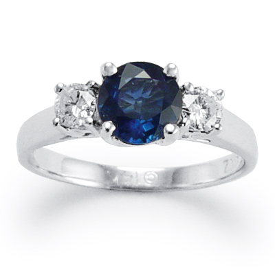 14k White Gold Sapphire Diamond Three Stone Ring