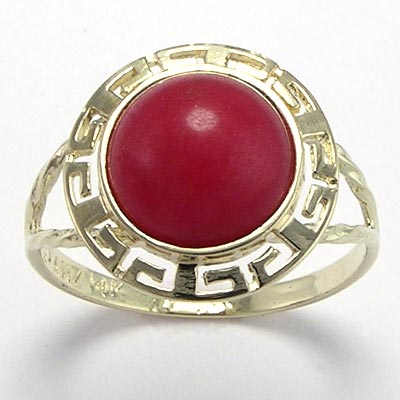 14k Gold Red Jade Greek Key Ring