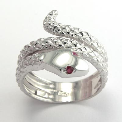 14k White Gold Snake Ruby Eye Serpent Ring