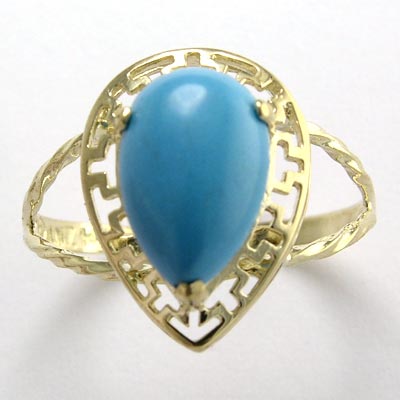 14k solid yellow Gold Greek Key Turquoise Ring