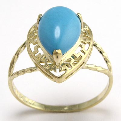 14k solid yellow Gold Greek Key Turquoise Ring