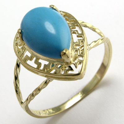 14k solid yellow Gold Greek Key Turquoise Ring