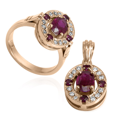 Russian Style Diamond Ruby Ring and Pendant 585