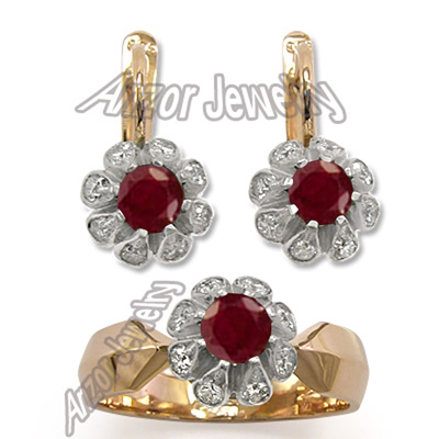 Russian Style Ruby Diamonds Set 14k Earrings ring