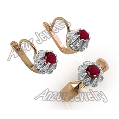 Russian Style Ruby Diamonds Set 14k Earrings ring