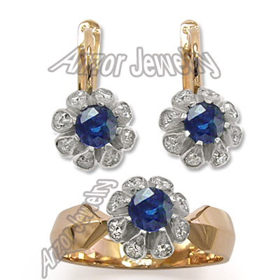 Russian Style Sapphire Diamonds 14k earrings ring