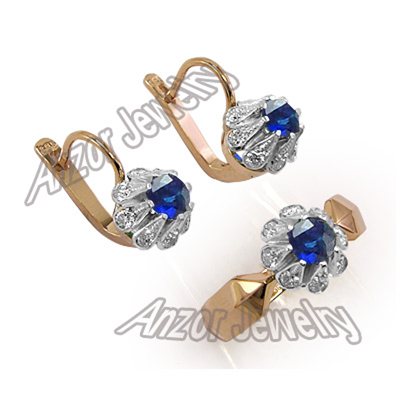 Russian Style Sapphire Diamonds 14k earrings ring