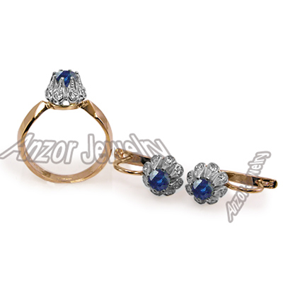 Russian Style Sapphire Diamonds 14k earrings ring