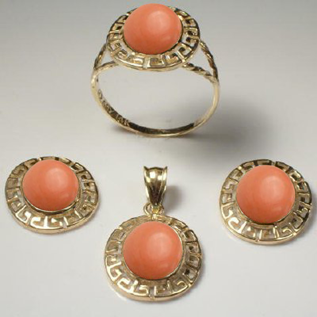 14k Gold Solid Oval Coral Earrings, Set