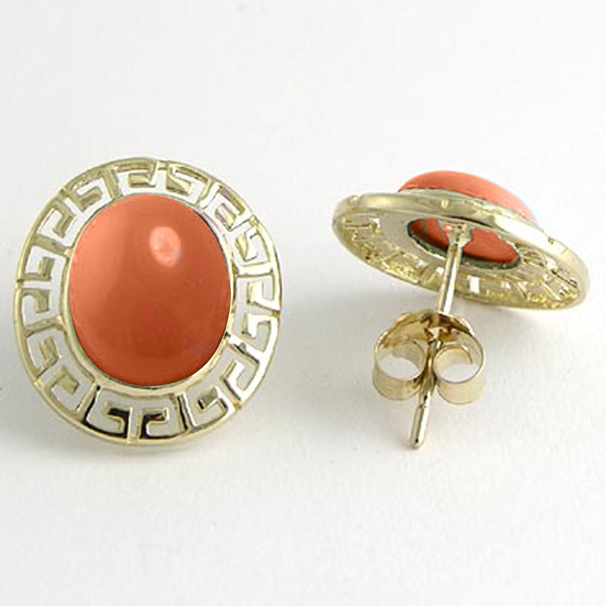 14k Gold Solid Oval Coral Earrings, Set