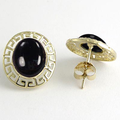 14k Gold Solid Oval Onyx Earrings, Set