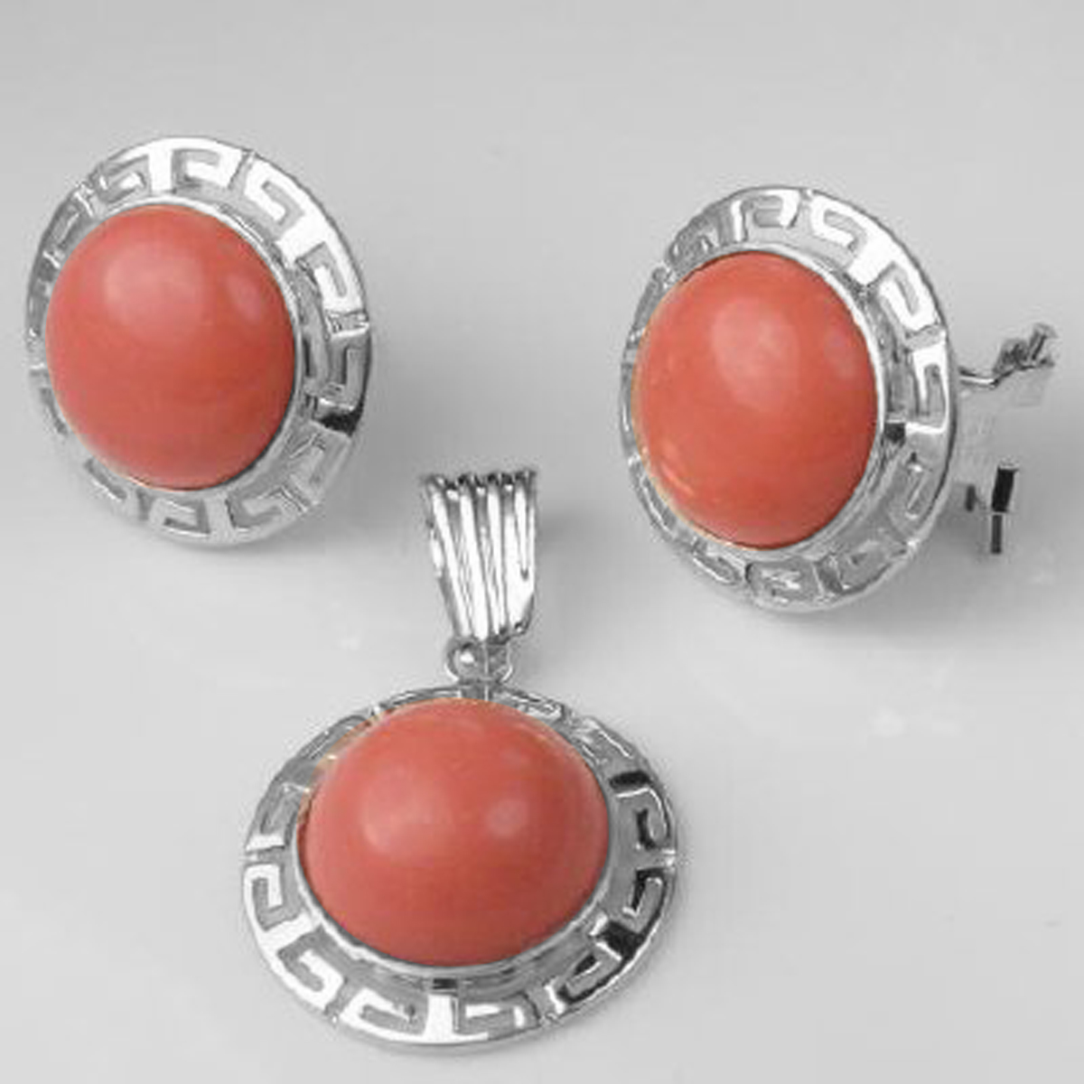 14K White Gold Matching Coral Earrings & Pendant