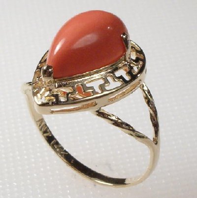 14k Gold Pear Cut Coral earrings ring pendant set
