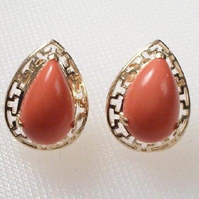 14k Gold Pear Cut Coral earrings ring pendant set