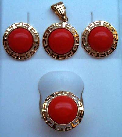 14k yellow gold Round Cut Red Coral Set