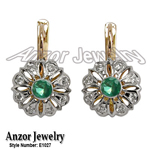 Russian Style Diamond & Emerald Earrings 14k Gold