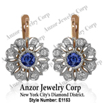 Russian style Sapphire & Diamond Earrings 14K