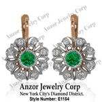 Russian style Emerald & Diamond Earrings 14K