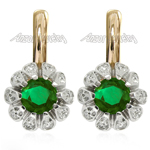 Russian Style Emerald Diamond Earrings 14k Gold