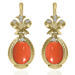Russian Style Diamond Coral Earrings 14K F VS1