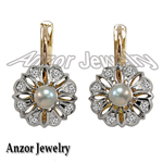 14k Gold Diamond and Pearl Earrings Russian style