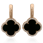 14k Gold Diamond Black Onyx Leaf Clover Earrings
