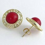 14k solid Gold Red Jade Greek Key Earrings