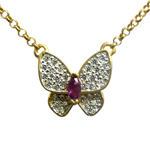 14k Gold Butterfly Ruby and Diamond Necklace