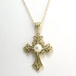14k Gold Pearl Cross Pendant