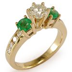 Emerald Diamond thee stone ring 14k GOLD