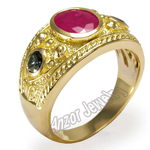 Men's 18k Yellow Gold  Ruby and Sapphire Ring
