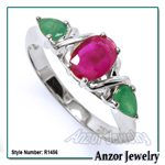 Three-Stone Emerald Ruby Ring 14k Gold