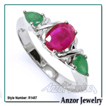 Three-Stone Genuine Emerald Ruby Ring 18k Gold