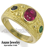 Byzantine Style Men's Ruby Sapphire Emer. ring 14K