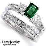 14k Gold Emerald Diamond Engagement Ring Set