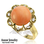 14k Solid Yellow Gold Coral and diamond Ring