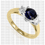 14k solid Gold Sapphire Diamond Three Stone Ring