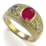 Men's 14k Sapphire Ruby Diamonds Three-Stones Ring